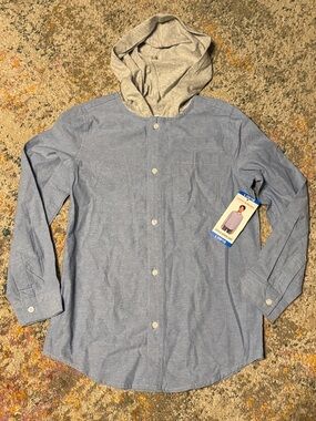NWT Lucky Brand Boys Hooded Long Sleeve Button Down Woven Shirt - Blue L 10-12